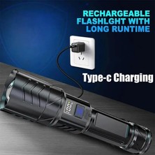 Asseds Store Şarjlı LED El Feneri 3 Mod Zoom Dijital Göstergeli Type-C Hızlı Şarj