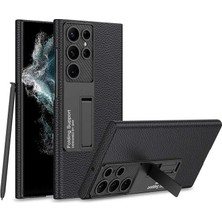 Emdeco Galaxy S22 Ultra Kılıf Siyah Litchi Kalmia Standlı Kapak Dayanıklı Darbe Karşıtı Koruyucu Tasarım (Galaxy S22 Ultra, Siyah Litchi)