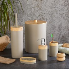 Asseds Store 5 Parça Lüx Bambu Görünümlü Banyo Seti | 10 Litre Çöp Kovası ve Antibakteriyel Tuvalet Fırçası (Krem)