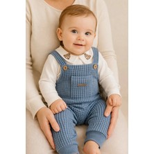 Dinamik çocuk Erkek Bebek Waffle Salopet + Tshirt  2li Takım Ayıcık Nakışlı Yakalı Tshirt + Tulum 0-3-6-9-12AYLIK Bayramlık