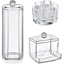 MiraLive 3'lü Makyaj Kozmetik Organizeri Set, Pamukluk, Kulak Çubuğu Düzenleyici, Ruj Oje Makyaj Düzenleyici Şeffaf