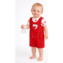 Dinamik çocuk Kız Bebek 3'lü Set Kalpli Nakışlı Ribanalı Salopet Tulum + Kısa Kollu Çıtçıtlı Badi + Beyaz Çorap 3-6-9 Aylık