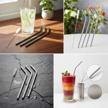 Asseds Store 5 Parça Paslanmaz Çelik Pipet Seti - Tekrar Kullanılabilir Metal Meşrubat Pipeti ve Temizleme Fırçası | Çevre Dostu, Düz ve Eğik Pipetler
