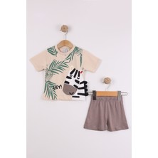 Joy Kids Erkek Bebek Inek Baskılı Penye Takım %100 Pamuk (9-24AY) (Bej-Kahve)