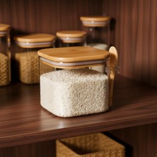 Asseds Store 600 ml Bambu Kapaklı ve Kaşıklı Kare Cam Kavanoz, Vakumlu Ahşap Kapaklı Baharatlık, Kendinden Kaşık Yuvalı Şeker, Kahve ve Banyo Tuzu Saklama Kabı