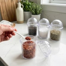Asseds Store Şeffaf Kapaklı 4’lü Baharatlık Seti + Kaşık – 13 cm Yükseklik, 8 cm Genişlik – Çok Amaçlı Baharat ve Gıda Saklama Kutusu