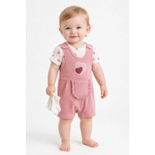 Dinamik çocuk Kız Bebek 3'lü Set Kalpli Nakışlı Ribanalı Salopet Tulum + Kısa Kollu Çıtçıtlı Badi + Beyaz Çorap 3-6-9 Aylık