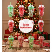 Asseds Store Yılbaşı Temalı Kar Küresi Kapaklı Işıltılı Pipetli Bardak 450 ml