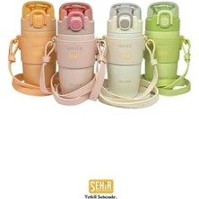 Asseds Store 360ML Moda Deri Kılıflı Pipetli Askılı Pastel Renkli Paslanmaz Çelik Termos Matara (Pembe)