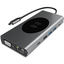 Asseds Store Hb-08 15 In 1 Wireless Şarj HDMI USB Wga Cat 5 Streo Type C Hafıza Kart Okuyucuları Full Version Combo Hub - Yapamayacağınız Iş Yok!!!!