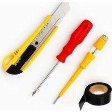 Asseds Store 4’lü Profesyonel El Aletleri Seti – Dayanıklı Sarı Bıçağı (Kesici), Elektrikçi Kontrol Kalemi (Tester Kalem), Siyah Pvc Elektrik Bandı (Izole Bant) – Kablo Onarımı, Elektrik Tamiri, Kablo Düzenl