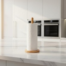 Ecovibe Doğal Bambu Ahşap Kağıt Havluluk, Yuvarlak Tabanlı Tezgah Üstü Dikey Havlu Standı, Mutfak ve Banyo Için Dekoratif Peçetelik Organizer