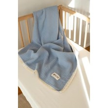 Asseds Store Pamuklu 4 Katlı Müslin Bebek Battaniyesi, Mavi, 90X110 Cm, Antibakteriyel, Dantelli, Düz Desen