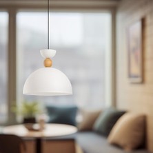 Ecovibe Ahşap Boncuk Detaylı Tekli Sarkıt Aydınlatma, Metal Sıvama, Ev, Ofis, Cafe, Restoran Avizeleri, E27 Duy (Beyaz)