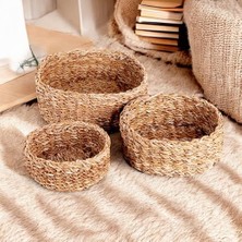 Asseds Store 3'lü Rustik El Yapımı Doğal Yuvarlak Hasır Düzenleyici Seti | 3'lü Hasır Yuvarlak Organizer Seti – Dekoratif, Çok Amaçlı ve Dayanıklı Sepetler (30X30X12CM – 25X25X10CM – 20X20X8CM)