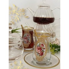 Asseds Store Altın Çerçeve Gül Desenli Cam Bardak ve Tabak 6 Kişilik Çay Seti
