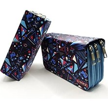 Asseds Store Kalem Kutusu Mavi Geometrik Desenli Organizer Kalemkutu Vegan Deri Üç Bölmeli Kalemlik