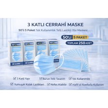 Bezos 3 Katlı Cerrahi Maske 50'li 5 Paket Tek Kullanımlık Telli Lastikli Yüz Maskesi Toplam 250 Adet