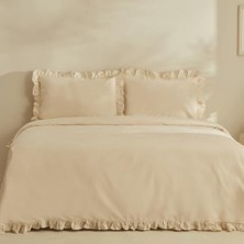 Ecovibe Pure RUFFLE%100 Pamuk Tek Kişilik Nevresim Takımı Açık Bej