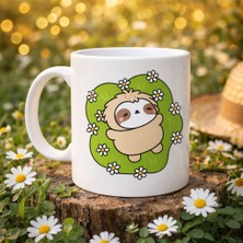 Youday Accessories Çiçekli Tembel Hayvan Desenli Porselen Kupa Model 110 – Sevimli Sloth Tasarımlı Kahve Kupası , Huzur Veren Hediye