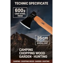Ecovibe Kamp Baltası, 600 Gram, Dökme Çelik Baş, 35 cm Kayın Sap, Isıl Işlemli, Elektrostatik Toz Boyalı, Normal Tutuş, Odun Kesme, Kamp, Bahçe, Av Kullanımı