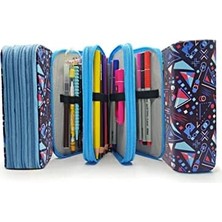 Ecovibe Kalem Kutusu Mavi Geometrik Desenli Organizer Kalemkutu Vegan Deri Üç Bölmeli Kalemlik