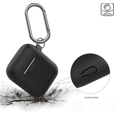 Ecovibe Airpods 1-2 Nesil Uyumlu Silikon Kılıf – Mat Yumuşak Dokulu, Darbeye Dayanıklı, Kemer Klipsli Karabina, Kablosuz Şarj Destekli Koruyucu Kapak Siyah