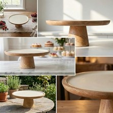 Ecovibe Mango Ağacı Ayaklı Kek Standı ve Sunum Tabağı - Krem Iç Yüzeyli Doğal Ahşap Pasta Servisliği - 30 cm Çapında Dekoratif Yükseltici ve Peynir Tabağı