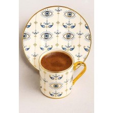 Ecovibe Altın Yaldızlı Nazar Göz Desenli 6 Kişilik Porselen Fincan Takımı – 12 Parça Şık Sunum Seti Evil Eye