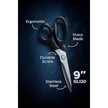 Bistopia Paslanmaz Çelik, GL120, Keskin Bıçak, Ofis, Okul Kullanımı, Çok Amaçlı, Dayanıklı Vidalı Yapı, Ergonomik, Hassas Kağıt, Karton, Kumaş Kesimi, Profesyonel Terzi Makası, 9"