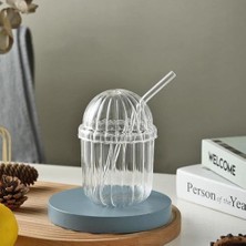 Bistopia 500ML Cam Kapaklı Pipetli Bardak, Kalın Çizgi Desenli Soğuk Içecekler Için Kahve Meyve Suları, Çayları Için Brokosilikat Bpa Içermeyen Sağlıklı Ergonomik Şık Tasarım