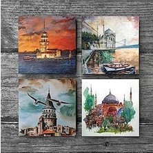 Daders Home Istanbul Ayasofya, Galata Kulesi, Kız Kulesi, Ortaköy Taş Bardak Altlığı Seti - 4 Parça - Dekoratif, Rustik Mutfak Aksesuarı, 10X10 Cm, Kaydırmaz Tabanlı, Şık ve Dayanıklı SC105