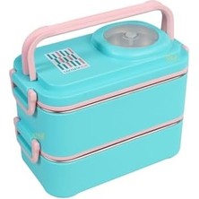 Daders Home 1200ML Lunchbox 2 Katlı 4 Bölmeli Mini Kaseli Çelik Sefer Tası Yemek Kutusu (Turkuaz-Pembe)