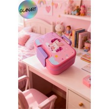Glanart Tek Kat 4 Bölmeli Saplı Beslenme Kabı -Beslenme Kutusu  Çatal Kaşıklı Vagon Pembe