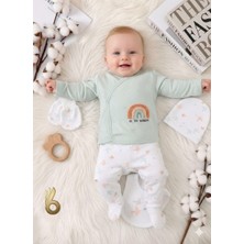 Miniday Baby 5'li Set Yenidoğan Baskılı Kız - Erkek Bebek Hastane Çıkış Seti % 100 Pamuklu Unisex Basıc Gök Kuşağı