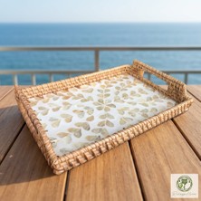 Renesse Home Bardera El Yapımı Kulplu Sedefli Rattan Tepsi – Sunum ve Dekoratif Servis Tepsisi (23x33cm)