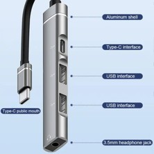 Daders Home Ses Kartlı USB Hub Çoklayıcı Adaptör 4 In 1 Ses Kartlı Usb/type-C To USB 3.0, USB C ve 3.5mm Jak Çıkışlı Uyumlu Çevirici Adaptör Çok Portlu Çoklayıcı 4in1 USB Hub Gümüş Renk ZR615
