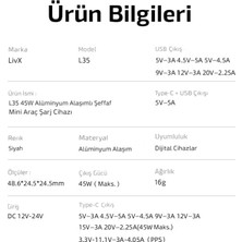 Daders Home Transparent 45W Pd/qc Type C ve USB Çıkış Ultra Hızlı Mini Araç Şarj Cihazı L35