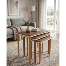 Gofret Serisi 3'lü Ceviz Çift Katlı Oval Zigon Sehpa Takımı Mdf