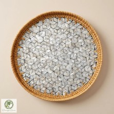 Renesse Home Dowa El Yapımı Sedef Kaplama Rattan Tepsi 30 cm – Bohem Dekoratif Sunum ve Servis Tepsisi