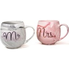 DMR Home Lüks Mermer Desenli Mr & Mrs 2'li Porselen Kupa Seti – 400 Ml, Hediyelik Kutulu,pembe & Gri