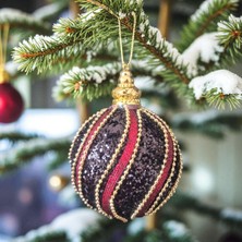 DMR Home Lüks Yılbaşı Topu 8cm Altın Boncuk Şeritli Işıltılı Payetli Siyah - Bordo Çam Ağacı Süsü 3lü