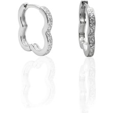 Oya Silver Ince Zirkon Taşlı Yonca Form Gümüş Halka Küpe 1.4 x 1.3 cm [OYSY284]