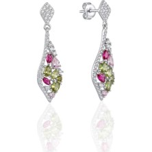 Oya Silver Vidalı Sallantılı Yaprak Form Renkli Zirkon Taşlı Gümüş Küpe 3.2 x 0.9 cm [OYSY281]