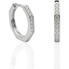 Oya Silver Ince Köşeli Zirkon Taşlı Gümüş Halka Küpe 1.4 x 1.4 cm [OYSY283]