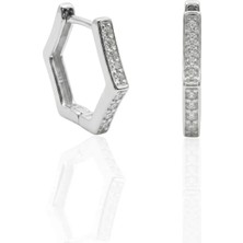 Oya Silver Ince Altıgen Form Zirkon Taşlı Gümüş Halka Küpe 1.4 x 1.4 cm [OYSY285]
