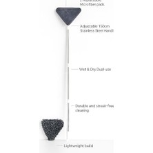 Ozcmax Üçgen Duvar Yüzey Temizlik Mopu, Boyu Ayarlanabilir, 2’li Bezli, 150 cm Sap, Özel Mikrofiber Bez, Dalga Izi Bırakmaz, Islak Kuru Kullanım, Dayanıklı, Pratik Temizlik Aleti