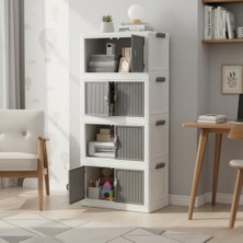 Ozcmax 4 Katlı Katlanabilir Portatif Dolap (Beyaz-Gri) | Kapaklı, Ayarlanabilir Plastik Çok Amaçlı Saklama Rafı | Banyo, Çocuk Odası ve Mutfak Düzenleyici (48.5X29.5X107.5 Cm)