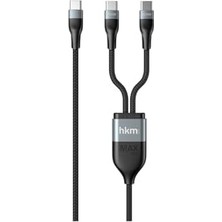 Ozcmax Duo Power 100W Çift Uçlu, Type-C To Type-C + Type-C Şarj Kablosu, Örgü Tasarım, 1.2 Metre, Siyah