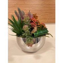 Plus Home Yapay Çiçek Skulent Pirinç Saksı Içi Arajman Gümüş Renk Oranje Yeşil Karma Boyut 21 cm Çevre Çap 48